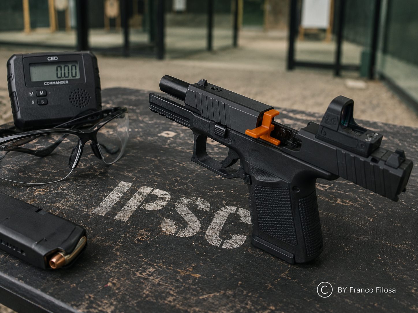 Postazione IPSC con pistola, cronometro e occhiali protettivi